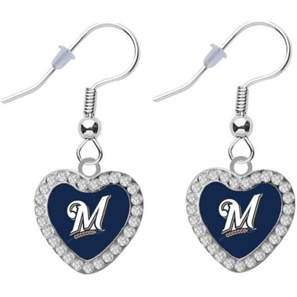 NEW WOMENS MILWAUKEE BREWERS CRYSTAL HEART EARRINGS MLB BASEBALL DANGLE DROP - Picture 2 of 2